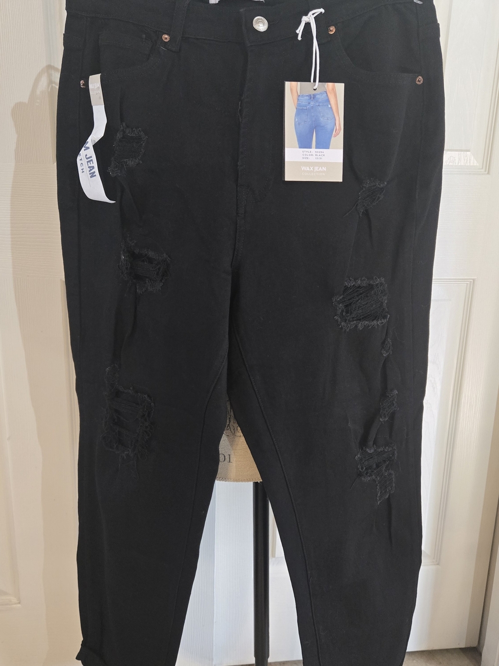 Wax Jean Women's Black Dark Wash High Rise Distressed Stretch Mom Jeans 12